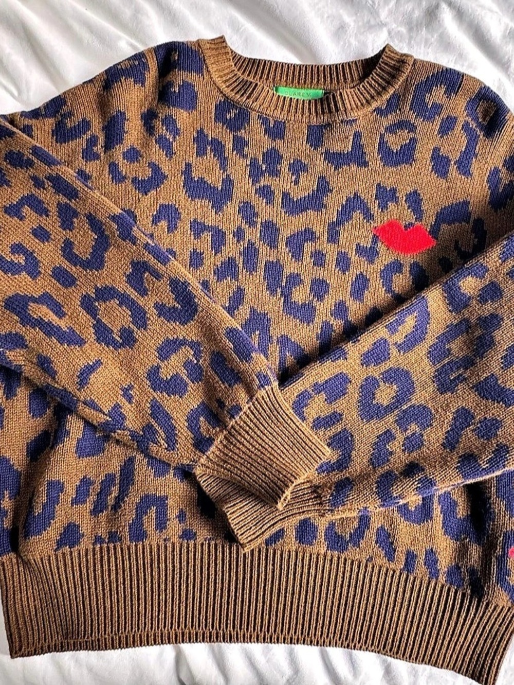 Clare V. Pablo Cat Leopard Knit Sweater Brown Navy Cotton Cashmere XL